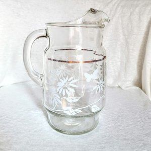 VTG Glass Pitcher White Flowers Gold Band, Tall Heavy Pitcher